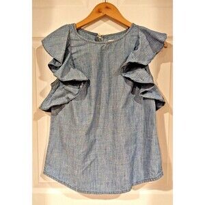 J.Crew Blue Chambray Ruffle Sleeve Shell Size 0 Flounce sleeve Ruffle Romantic